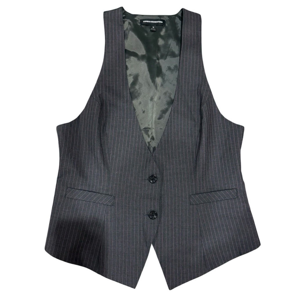 Express Design Studio Pinstripe Vest Grey Pink Office Siren Y2k Vintage 10